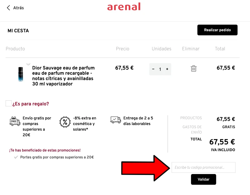 donde aplicar el código promocional Arenal