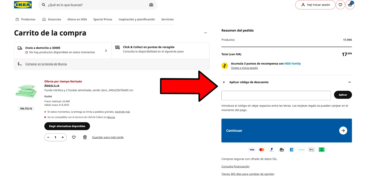 Aplicar código descuento IKEA en carrito de compra