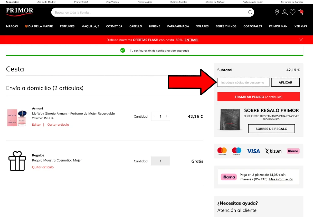 aplicar código descuento Primor