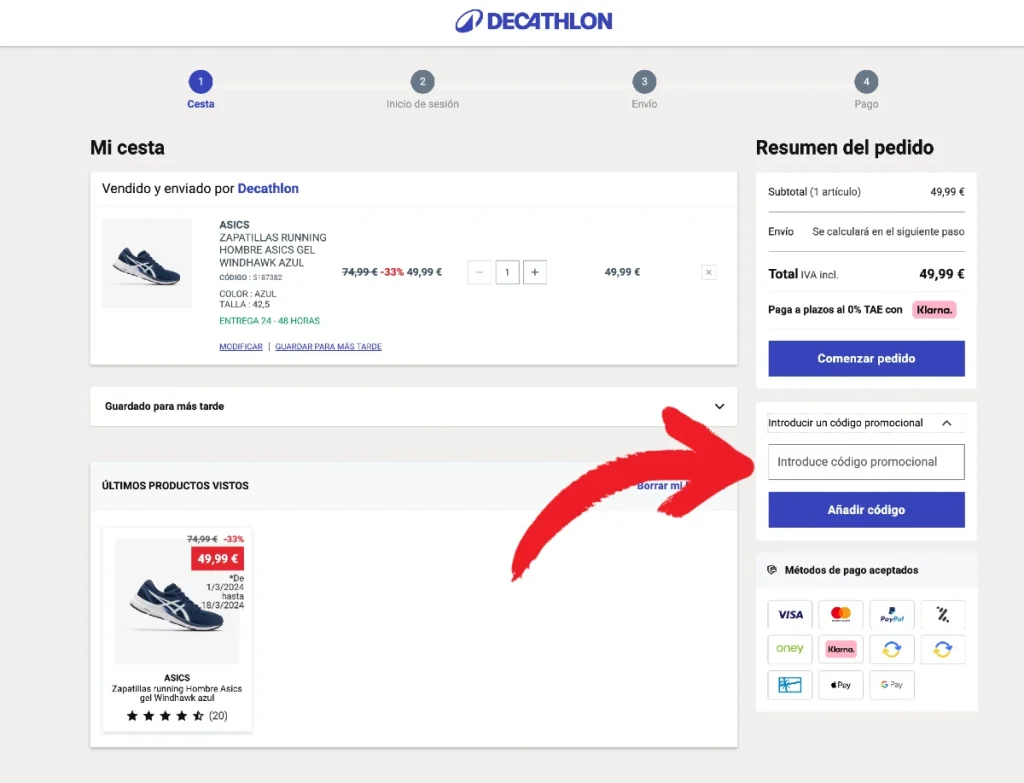aplicar un c&oacute;digo descuento Decathlon