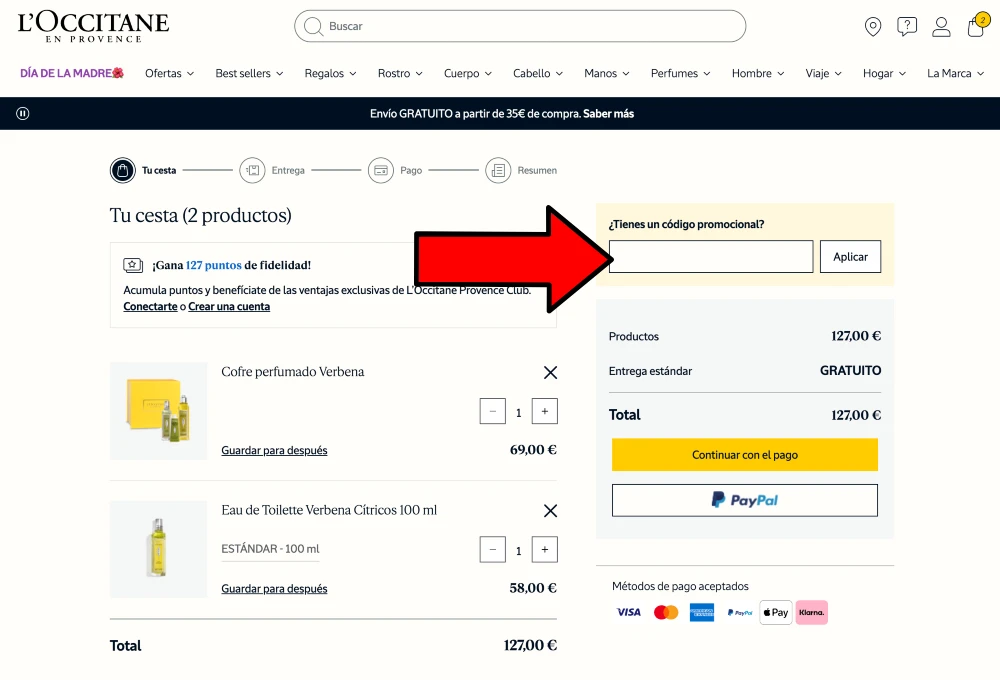 aplicar c&oacute;digo promocional L'Occitane