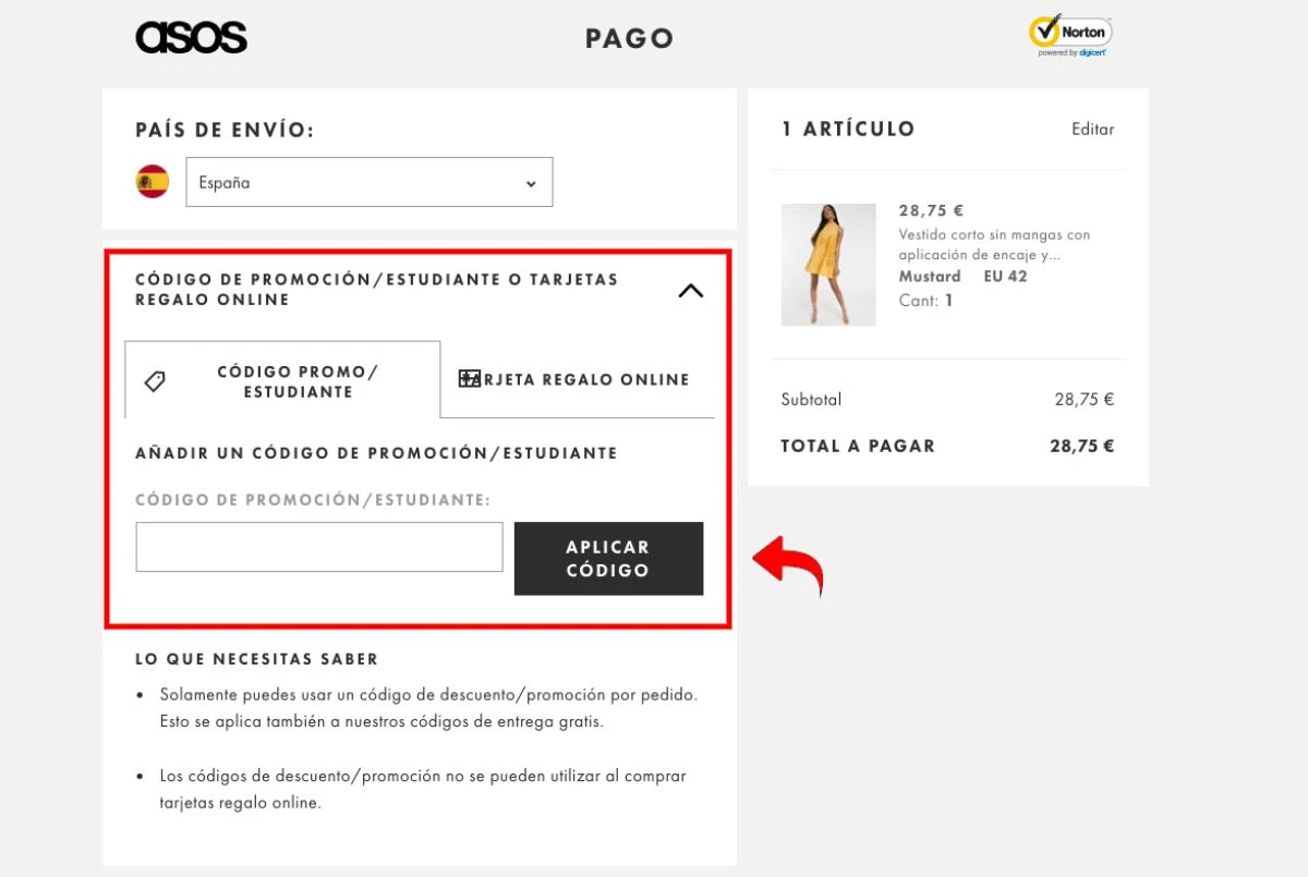 aplicar código descuento Asos