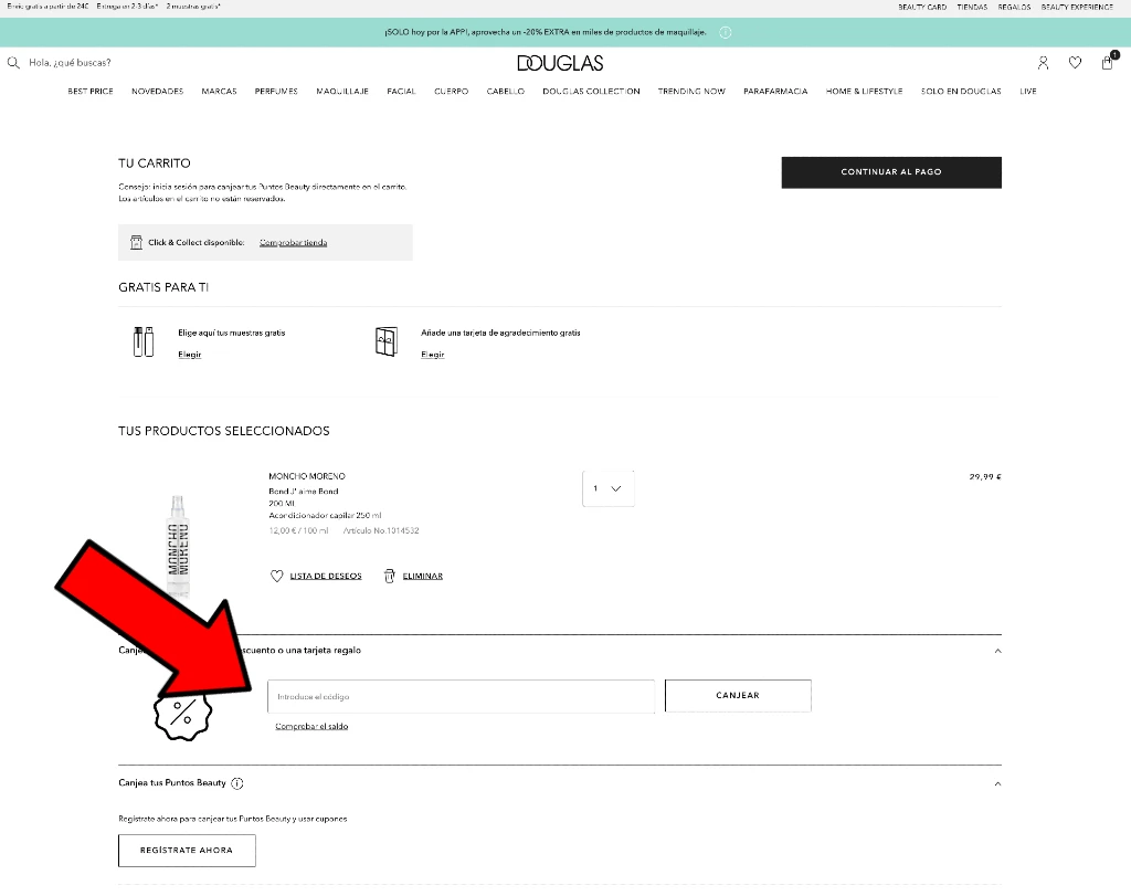 canjear un código descuento Douglas en su tienda online