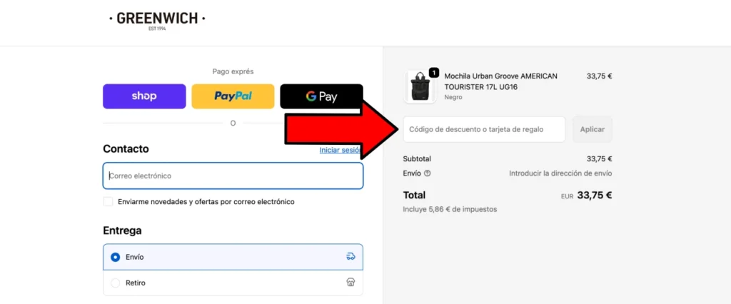 Lugar donde insertar el cupón descuento Greenwich en su tienda online