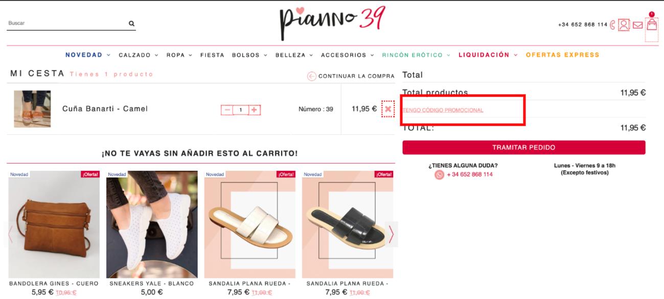 introducir código descuento pianno39