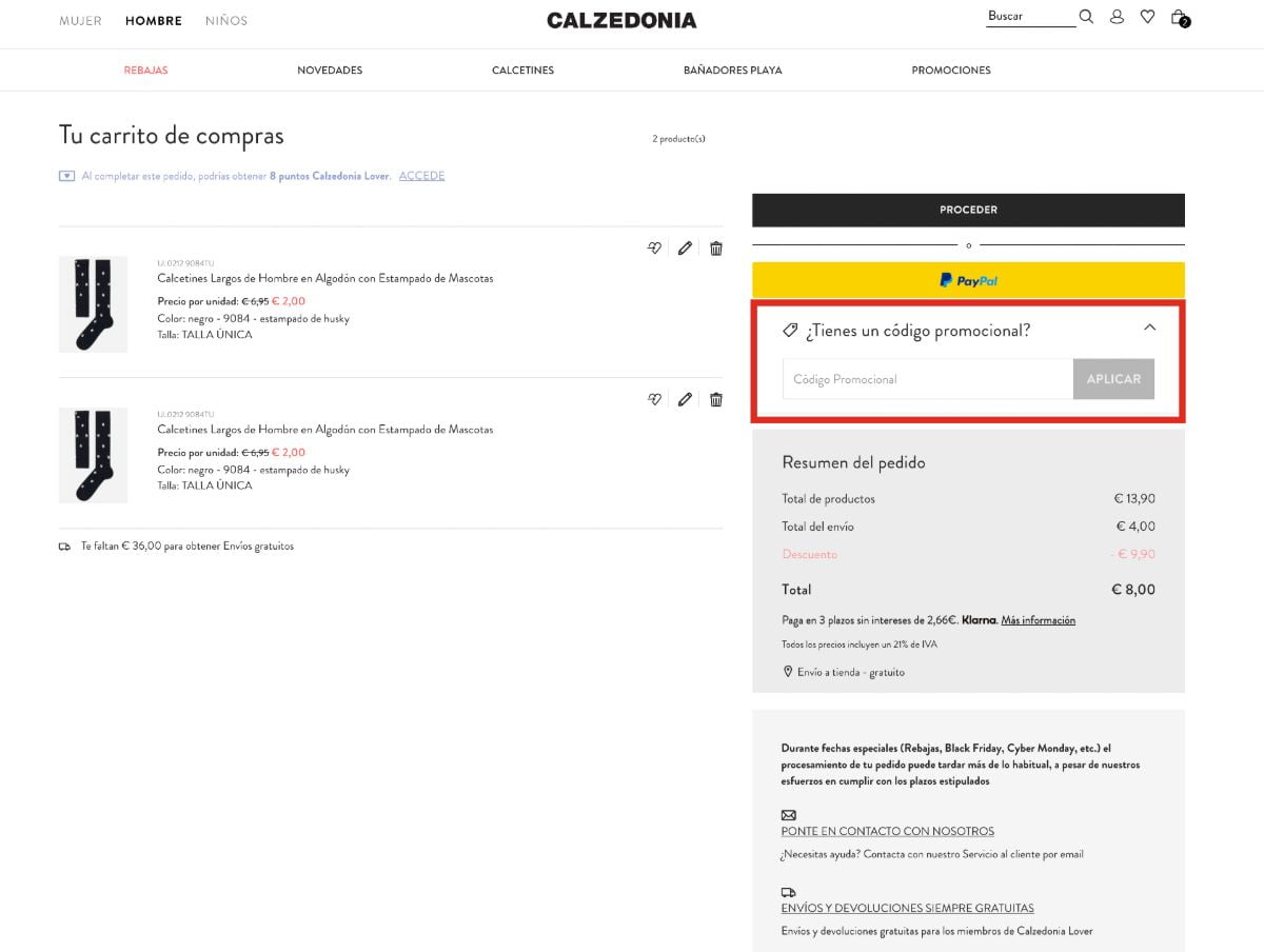 Insertar código descuento Calzedonia en tu carrito de compra
