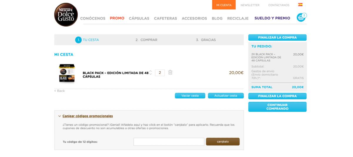 insertar el código promocional dolce gusto