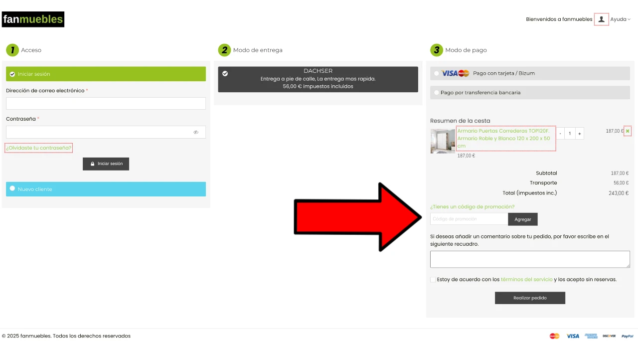 Ejemplo del campo donde se introduce el código de promoción en la web de Fanmuebles antes de realizar el pago.