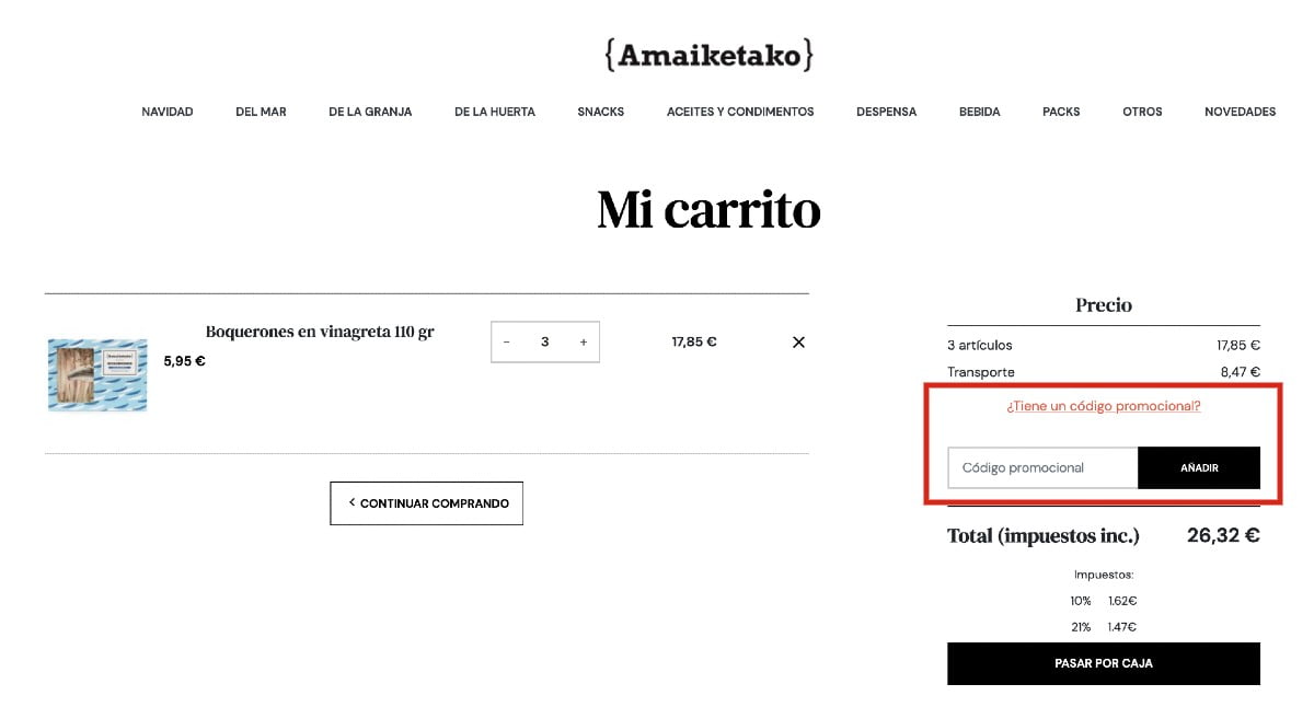 introducir código promocional amaiketako