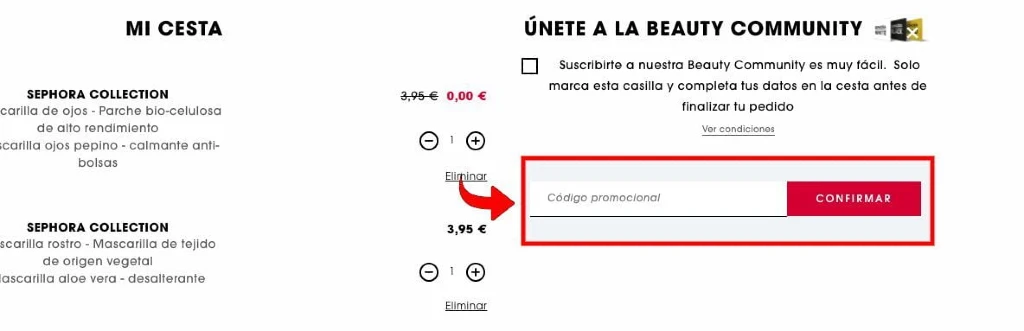 aplicar el c&oacute;digo promocional Sephora