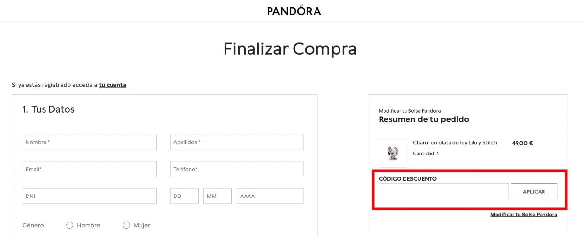 introducir cup&oacute;n descuento Pandora