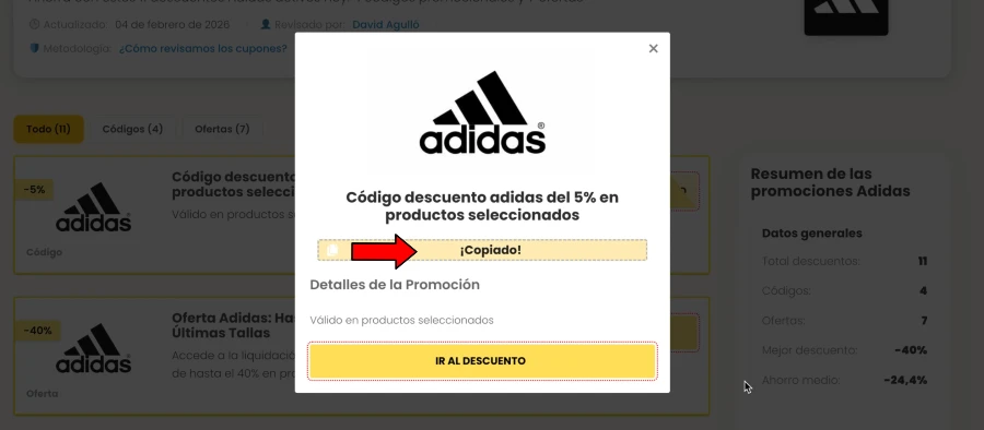 copiar el código descuento adidas Imagen que muestra donde clicar para copiar y guardar el código descuento adidas