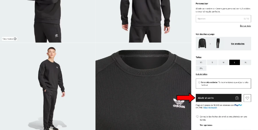 Añadir artículos al carrito de compra Imagen que muestra como añadir los artículos al carrito de la compra de Adidas