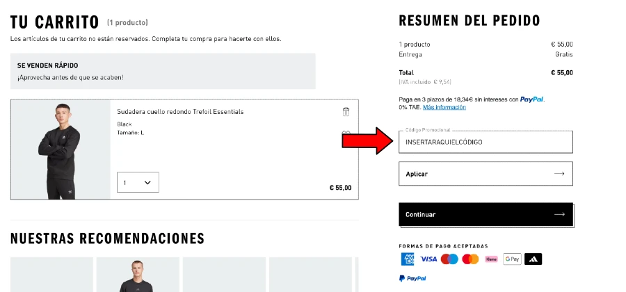 Insertar el código promocional Adidas en el carrito de compra Imagen que enseña en que lugar del carrito de compra de Adidas hay que pegar/insertar el código promocional