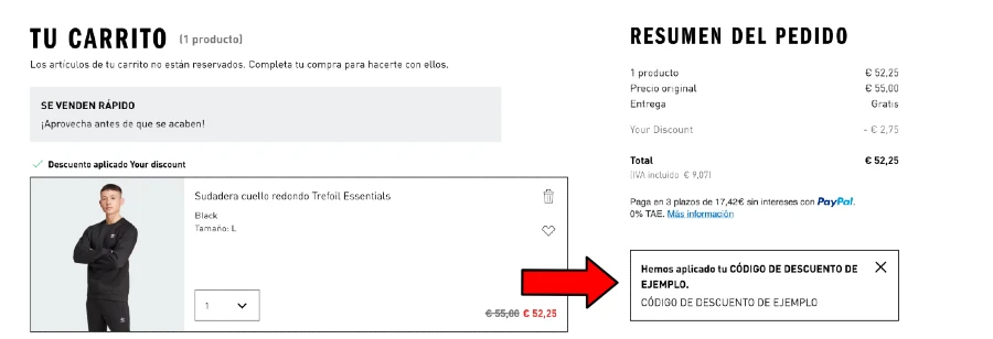 Verificación de que el descuento del código promocional Adidas se ha aplicado correctamente Imagen donde se ve que que el descuento del código ha sido aplicado correctamente