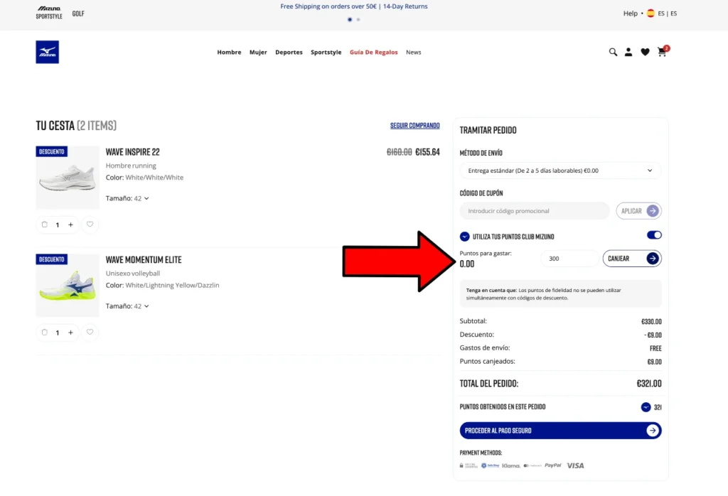 Lugar donde se canjean los puntos Mizuno y consigues un descuento